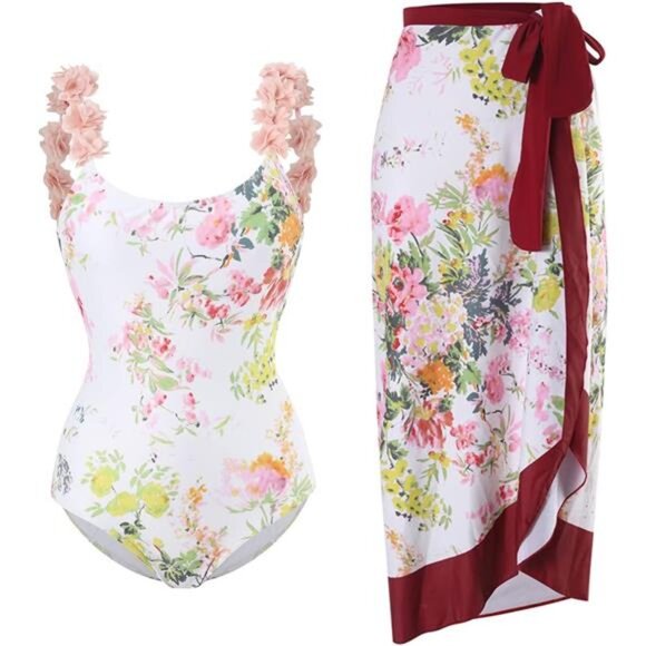 Other - Women's Retro Floral Swimsuit Set with Cover-Up Skirt, 2PCS Bikini & Beach Wrap